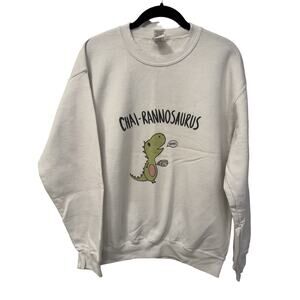 Gildan Sweatshirt Unisex M White Fleece Lined Chai-Rannosaurus Print Long Sleeve